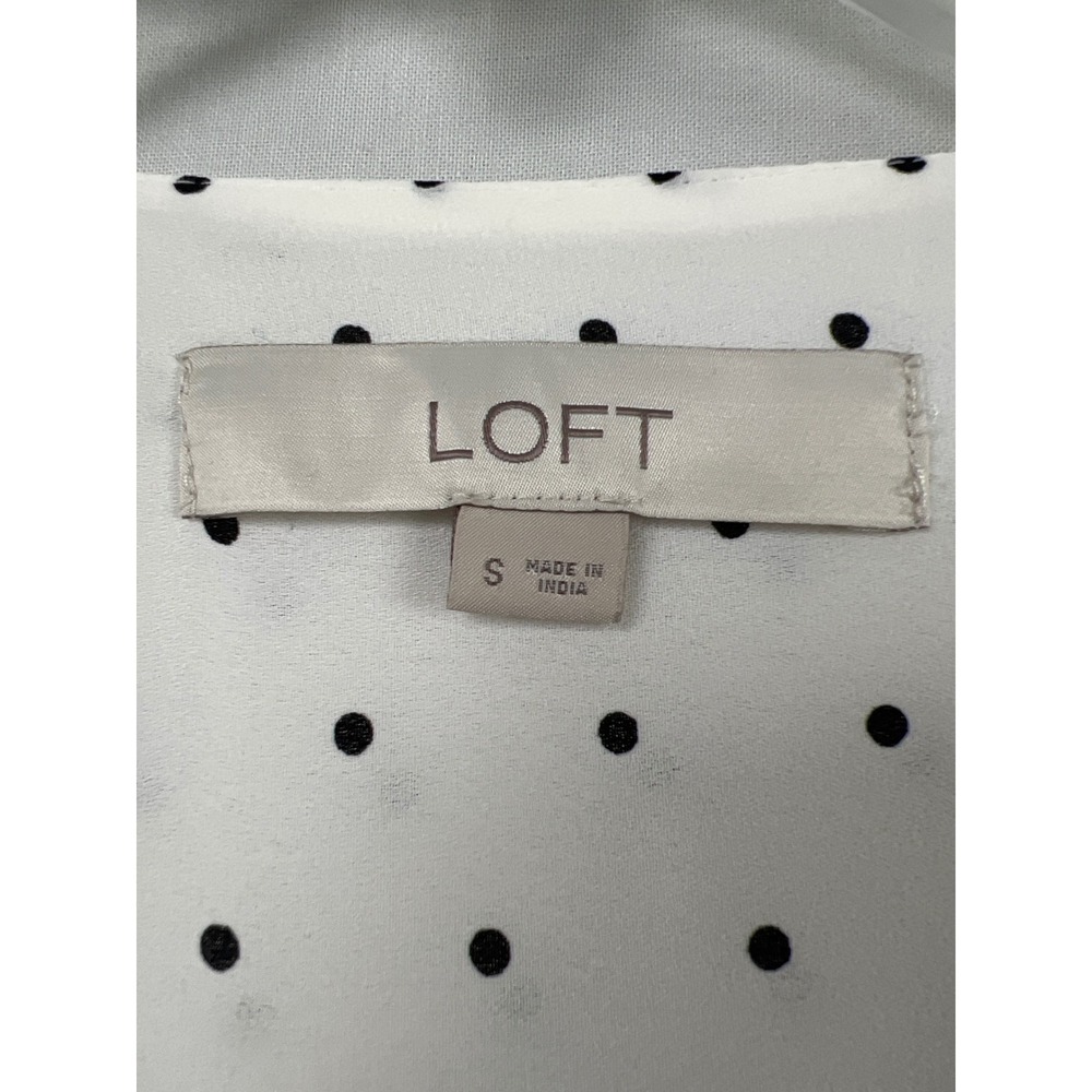 LOFT Blouse Womens Small White Polka Dot V-Neck Tie Long Sleeve Peasant Top - Picture 2 of 8